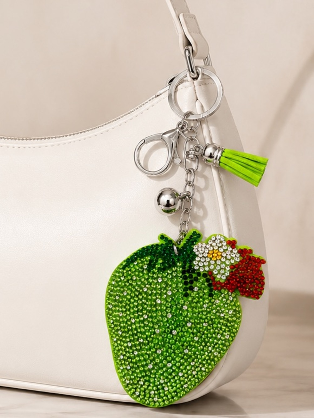 Green Strawberry Bag Charm Keychain Crystal Tassel Purse Charm - Picture 3 of 5